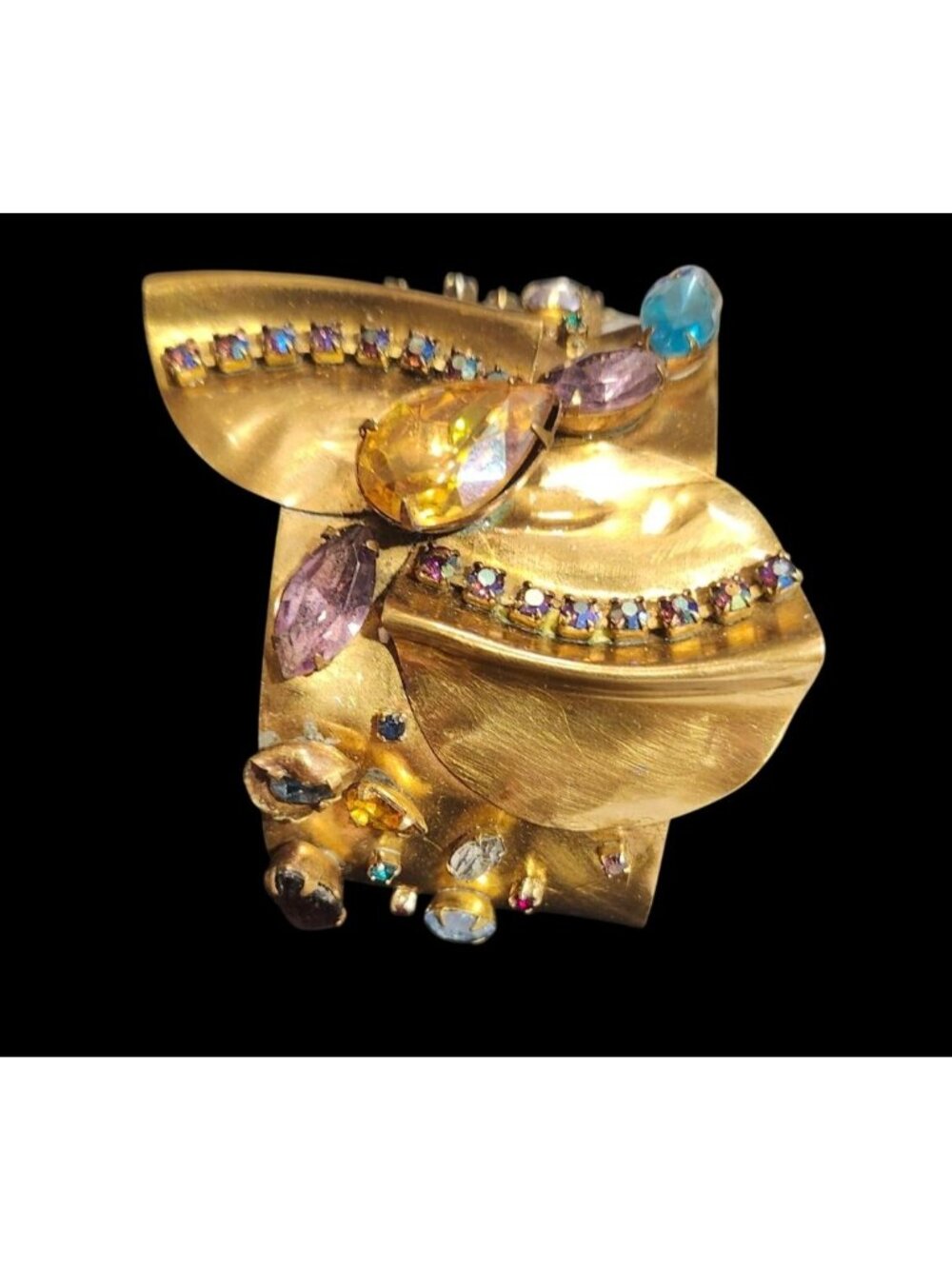 Modernist Brutalist Gold Tone Cuff Bracelet Multicolor Rhinestones & Abstract De
